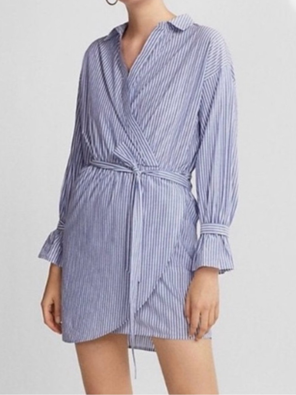 Express Shirt Dress Sz XS Striped Wrap Dress EUC tie front blue white cotton - Picture 2 of 10